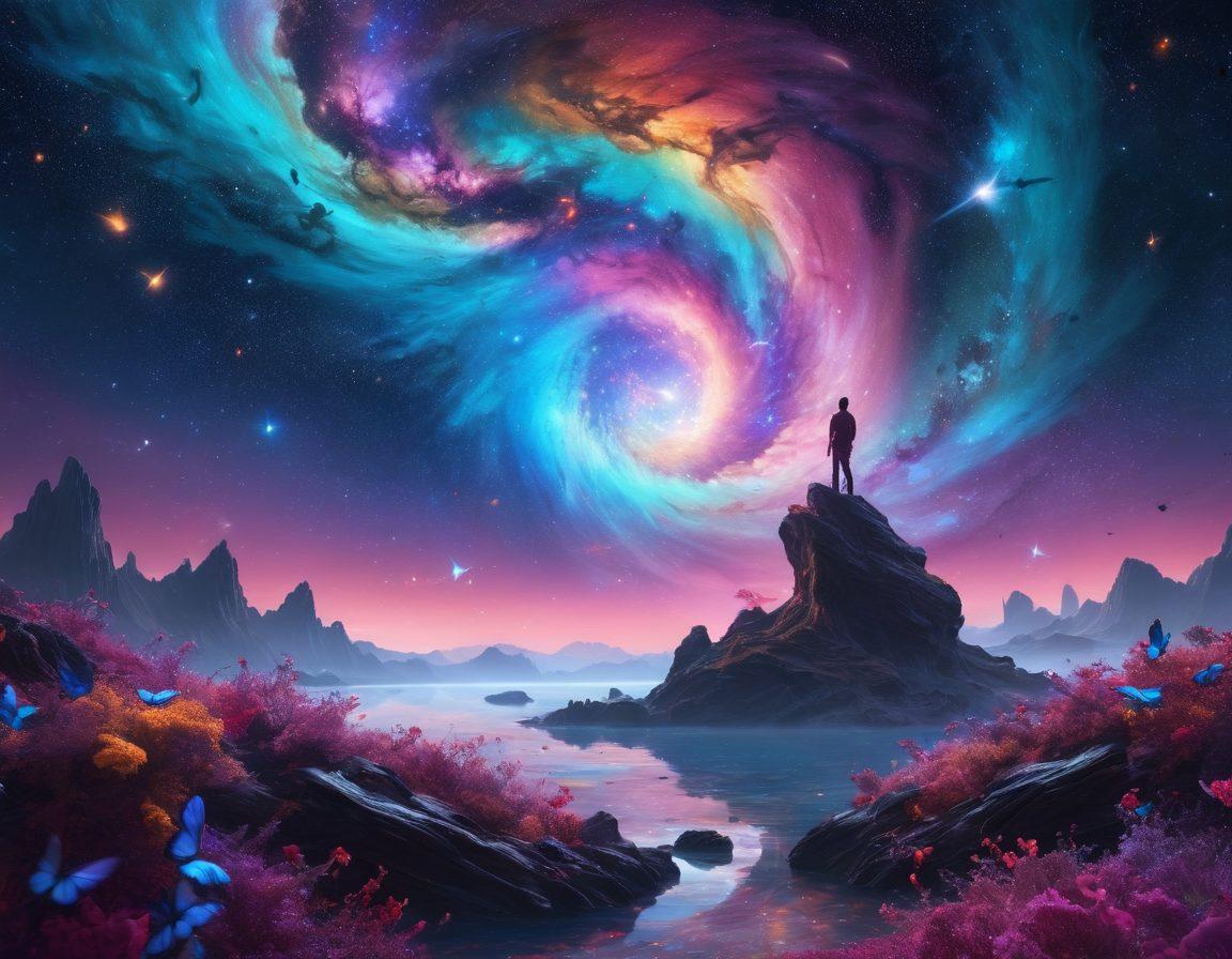 A mesmerizing cosmic landscape showcasing swirling galaxies, luminous stars, and ethereal nebulae, symbolizing the vastness of the universe. In the foreground, a serene figure gazes into the horizon, contemplating eternity, surrounded by fluttering butterflies made of stardust. Incorporate a vivid color palette to emphasize the awe of exploration and discovery. surrealism. vibrant colors. 3D.