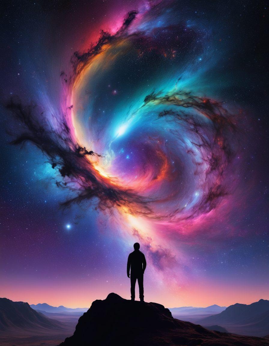 A mesmerizing cosmic landscape showcasing a swirling galaxy with vibrant nebulae in a kaleidoscope of colors, featuring a silhouette of an explorer gazing into the starry abyss. Wisps of stardust and distant planets should fill the background, evoking a sense of wonder and curiosity about the universe's mysteries. The foreground includes a telescope aimed at the sky, symbolizing discovery. super-realistic. vibrant colors. 3D.