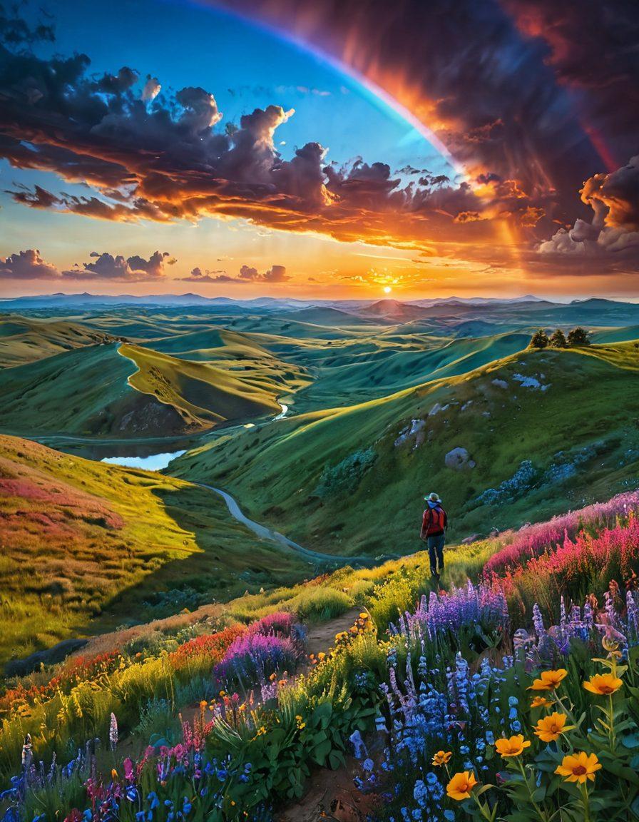 A breathtaking landscape featuring rolling hills that stretch infinitely into the horizon, adorned with vibrant wildflowers in a rainbow of colors. In the sky, ethereal clouds blend seamlessly with a stunning sunset, creating a kaleidoscope of colors. A lone traveler with an outstretched hand gazes into the distance, symbolizing the quest for beauty. Surreal elements, like floating islands and whimsical creatures, inspire wonder and imagination. super-realistic. vibrant colors. enchanting atmosphere.